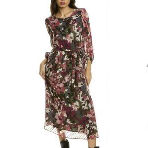 Anne Klein Dot Shell Puff Sleeve Midi Dress Size S Floral Print